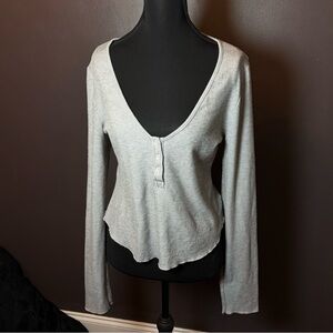 Free People Ribbed Long Sleeve Henley Top Gray Size L
